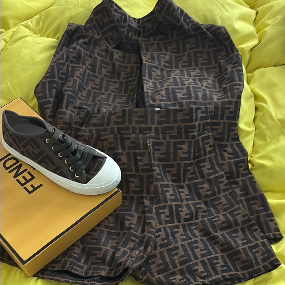 Fendi Brown and Black Monogram vest and sneakers jacket was made from a jacket